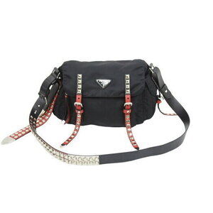 Prada Shoulder Bag Studs Black Red Messenger Triangle Logo Plate